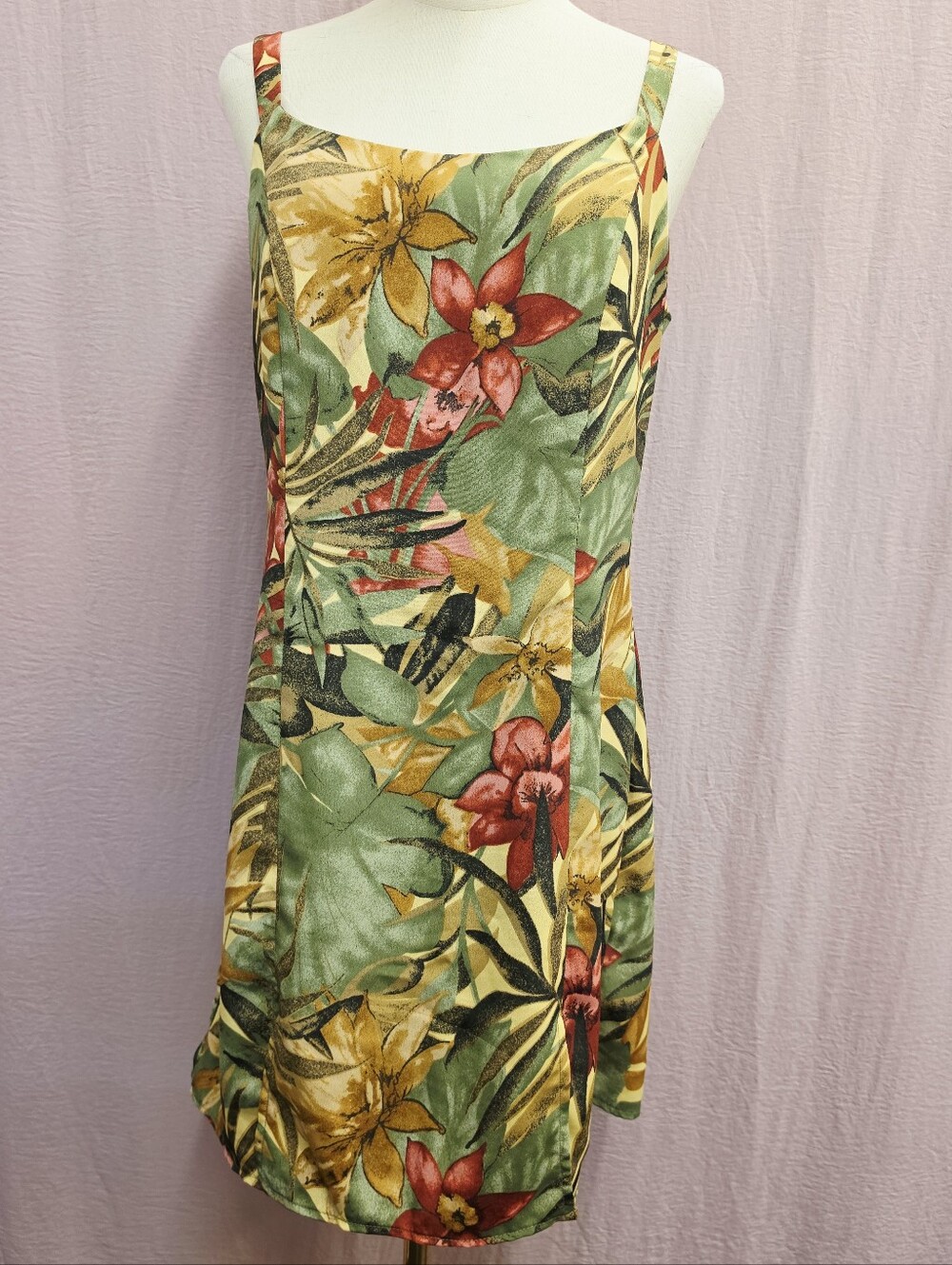 John Robets VTG Floral Tropical Print Square Neck Romper- GREEN/Yellow, Size:12
